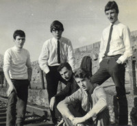 RootzGroop summer 1965 Seapoint Dublin. L to R John Ryan, Paul Brady, Dave McAnaney, Rodney Williams & Robbie Brennan